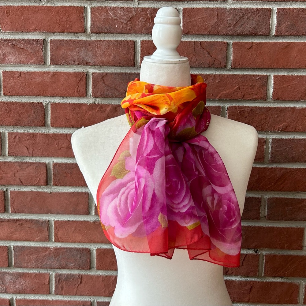 •Anne Klein Silk Chiffon Floral Signed Scarf 15”x60”